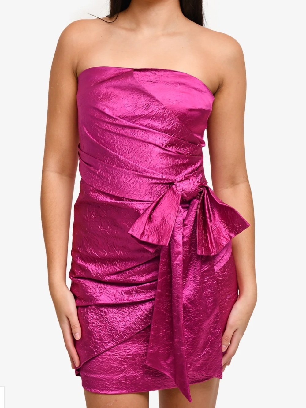 Ronny Kobo Magenta Metallic Carolayna Strapless Ruched Bow Mini Dress Size S NWT